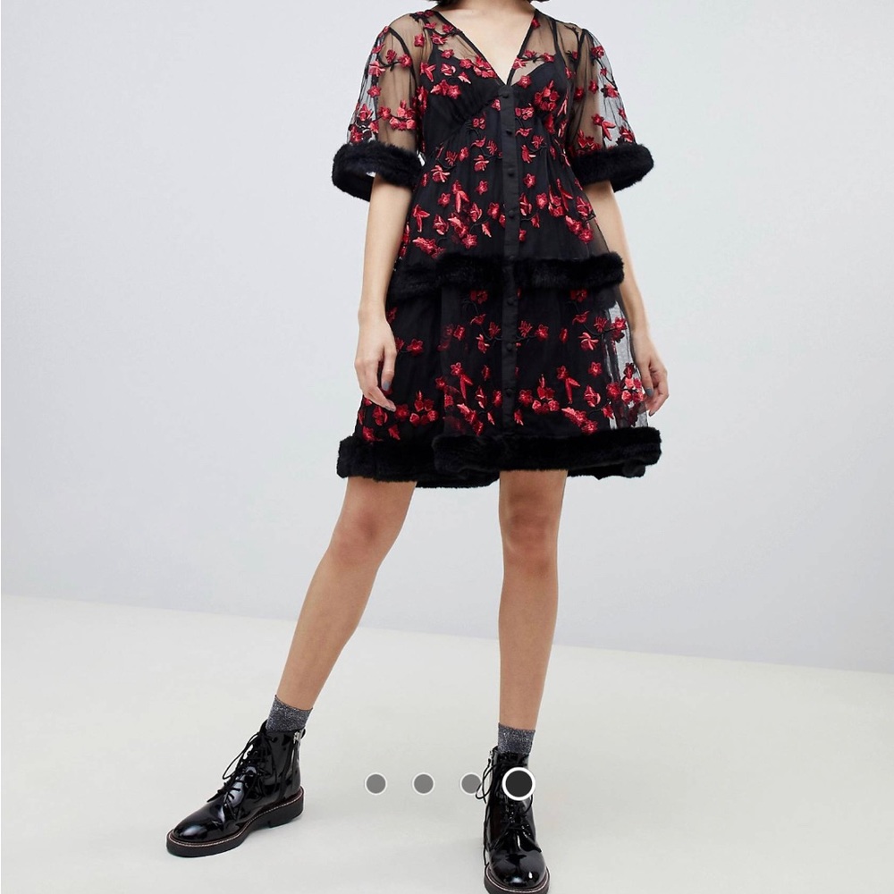 ASOS embroidered mini smock dreck with faux fur trims - Picture 2 of 6